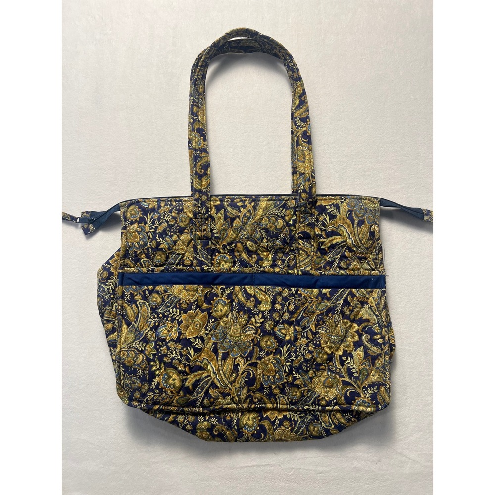 Anne Gorin Large Tote Bag Quilted Paisley Floral Blue Gold Made in USA Handbag